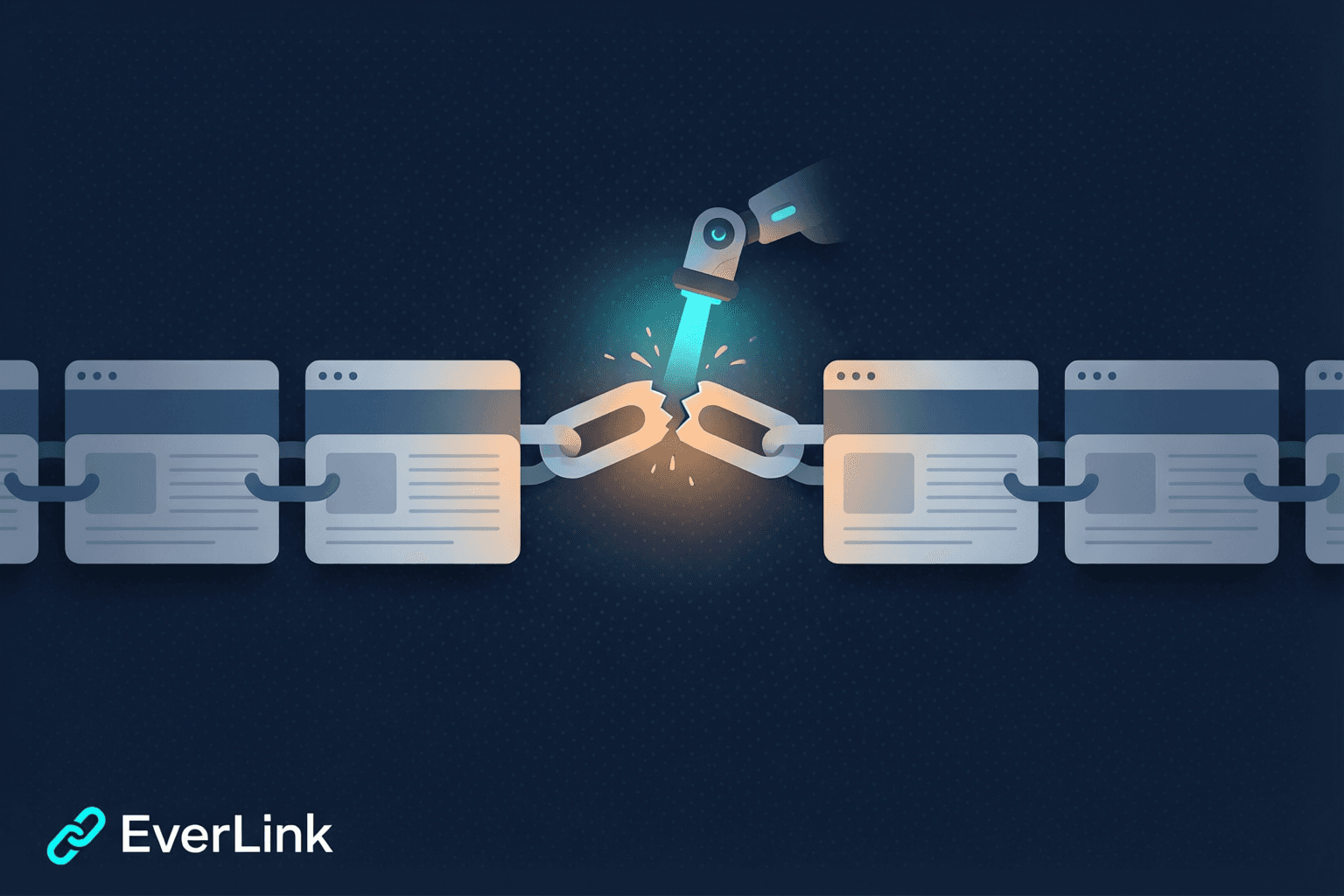 Illustration: a robotic arm re-welding a broken chain link between web pages